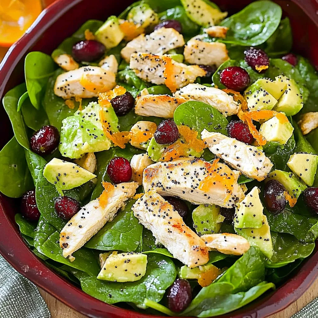 Cranberry Avocado Spinach Salad with Chicken and Orange Poppy Seed Dressing