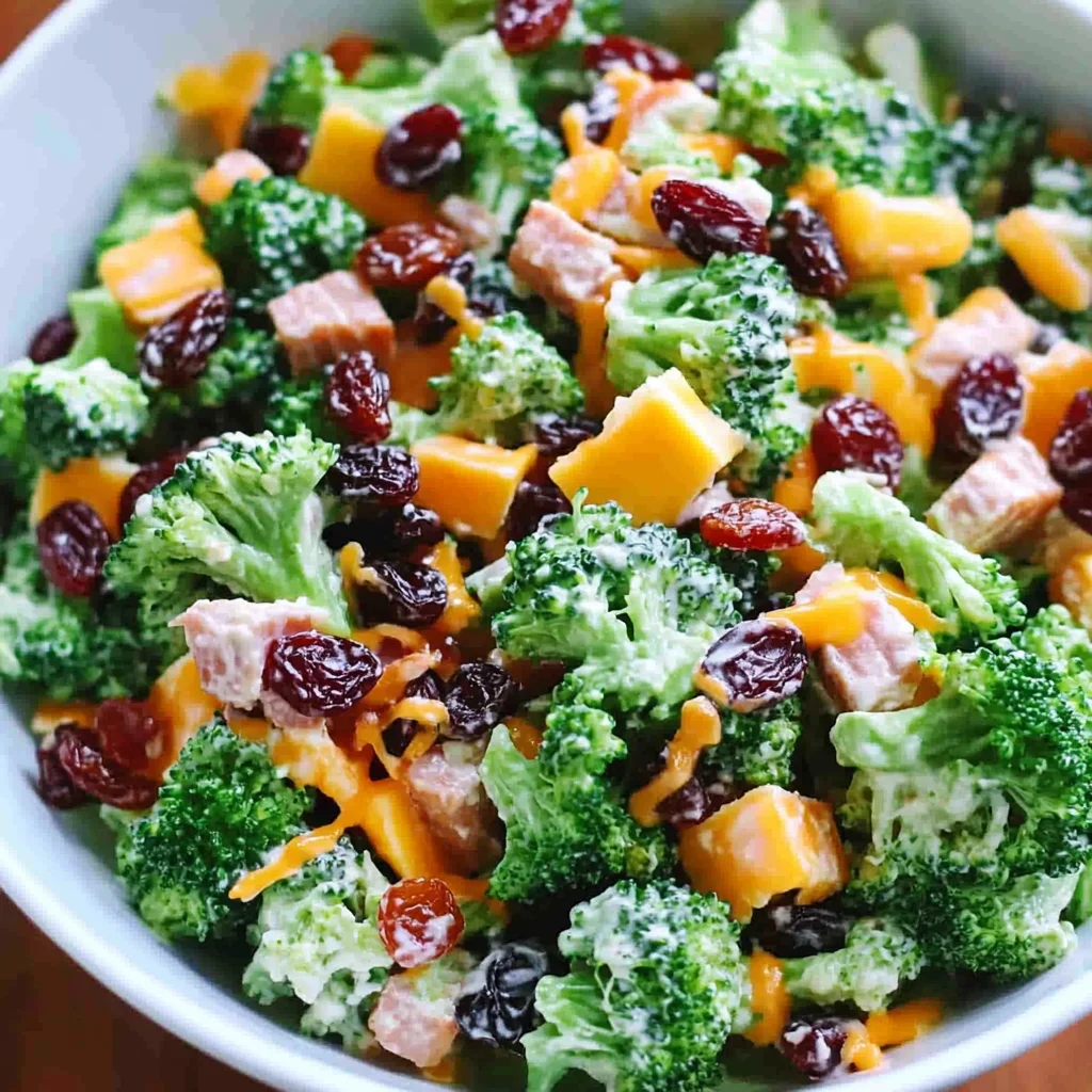 Broccoli Turkey Bacon Salad with Raisins and Cheddar Cheese