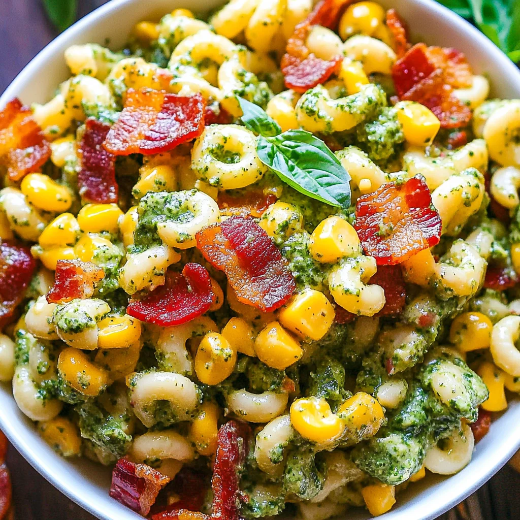 Corn Pasta Salad with Turkey Bacon and Creamy Pesto Dressing
