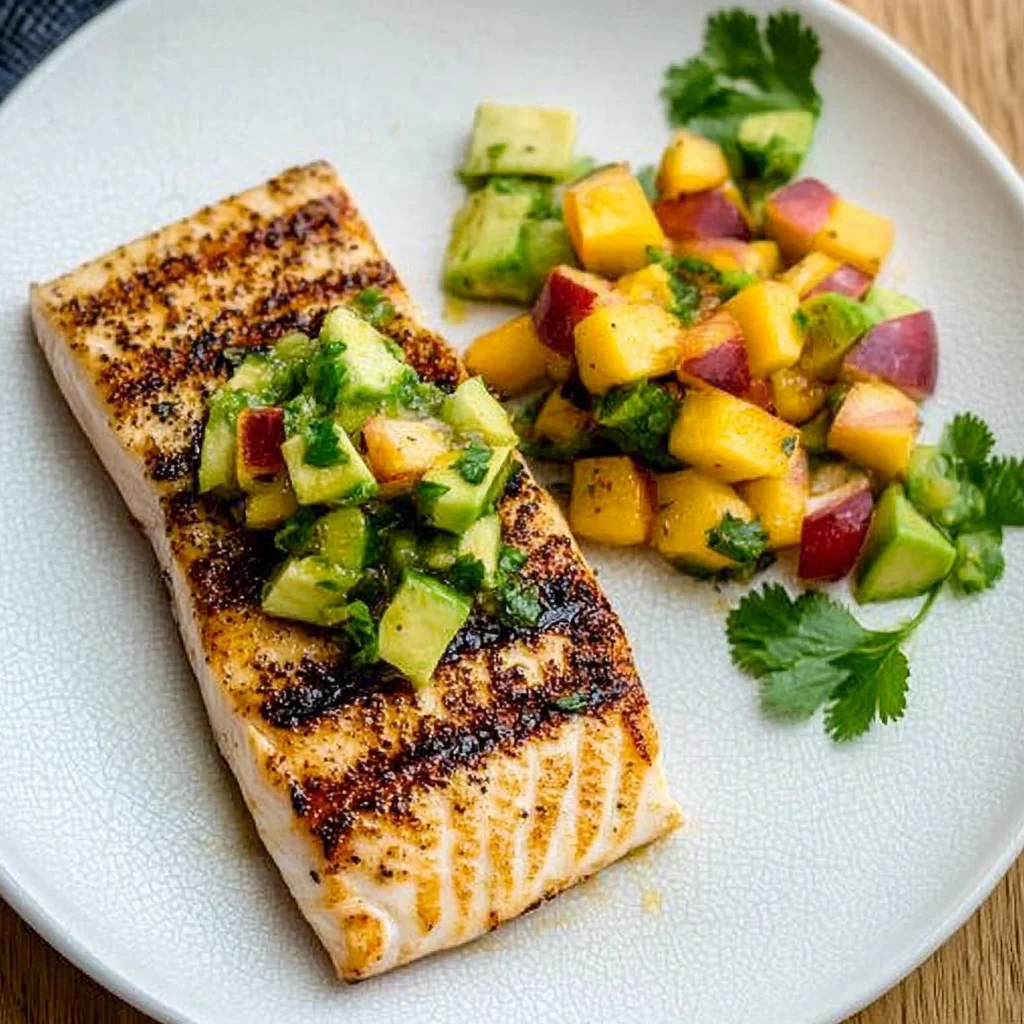 Grilled Mahi Mahi with Grilled Avocado Peach Salsa