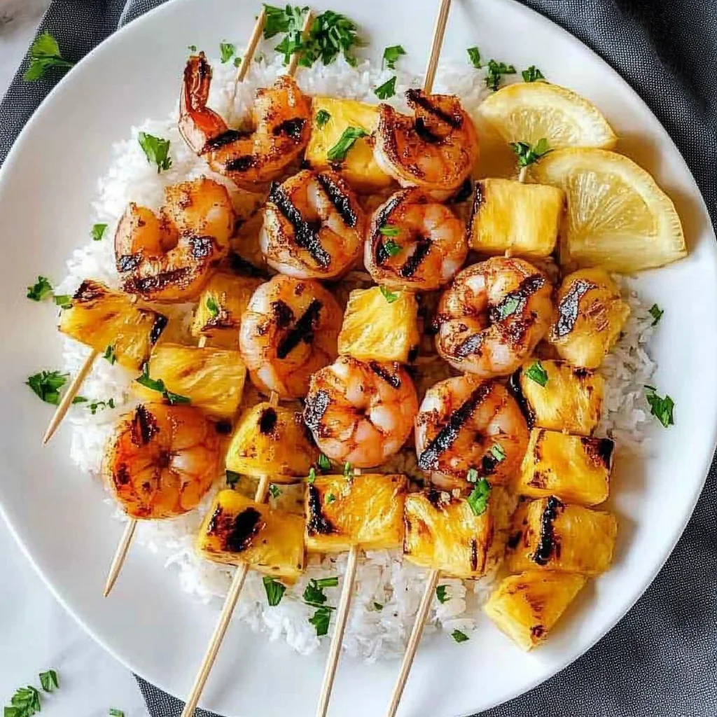 Grilled Shrimp and Pineapple Skewers over Coconut Rice