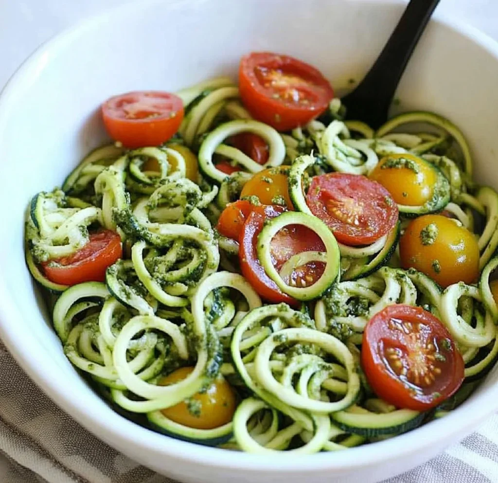 Raw Spiralized Zucchini Noodles with Tomatoes and Pesto