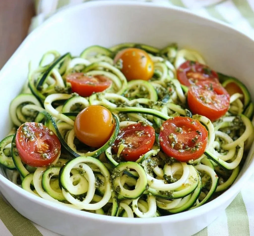 Raw Spiralized Zucchini Noodles with Tomatoes and Pesto