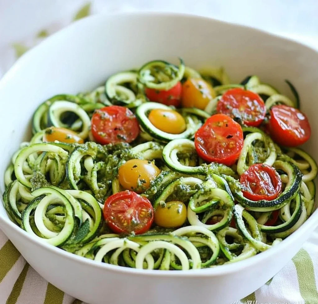 Raw Spiralized Zucchini Noodles with Tomatoes and Pesto
