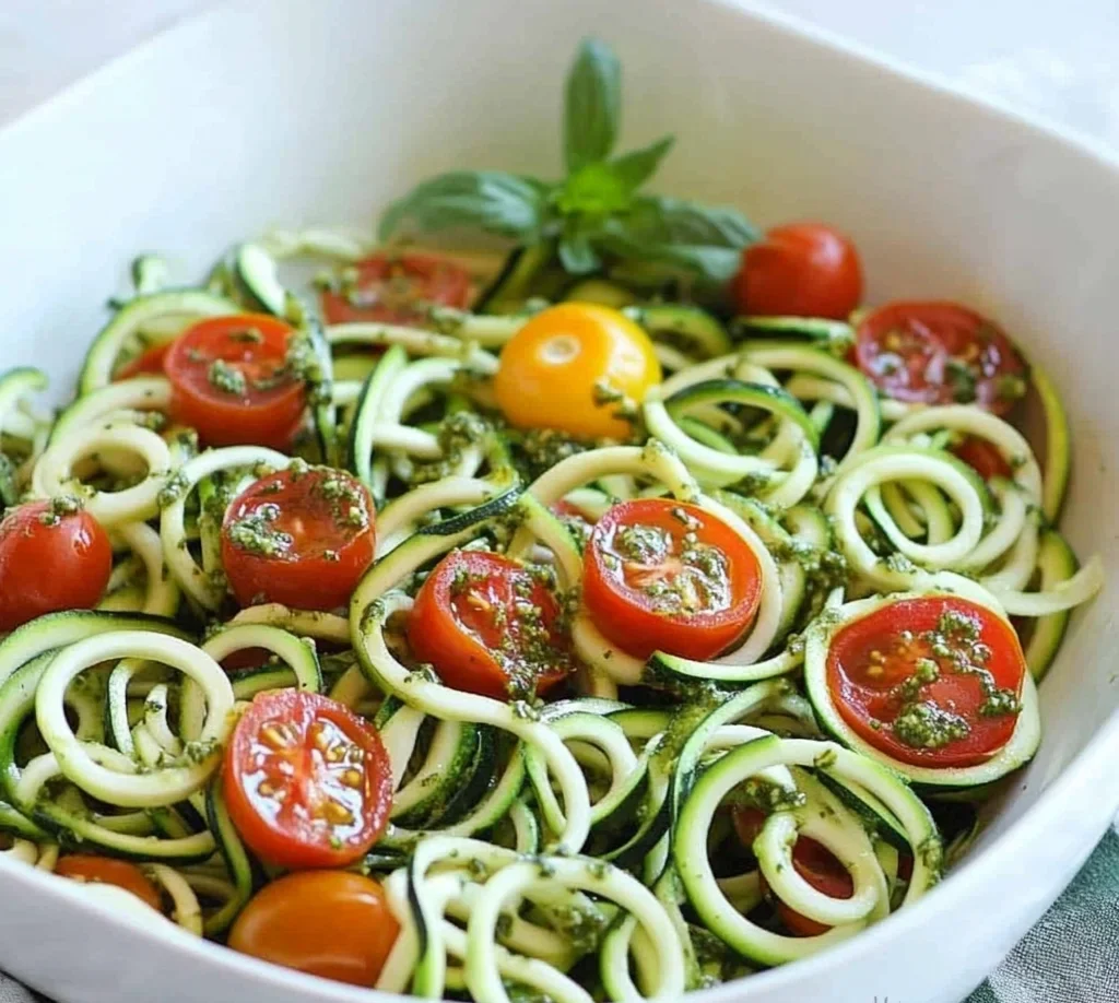 Raw Spiralized Zucchini Noodles with Tomatoes and Pesto