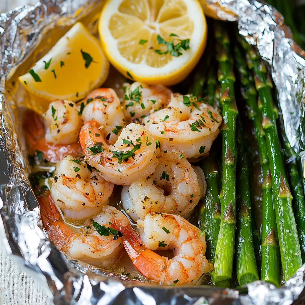 Shrimp and Asparagus Foil Packs with Garlic Lemon Butter Sauce