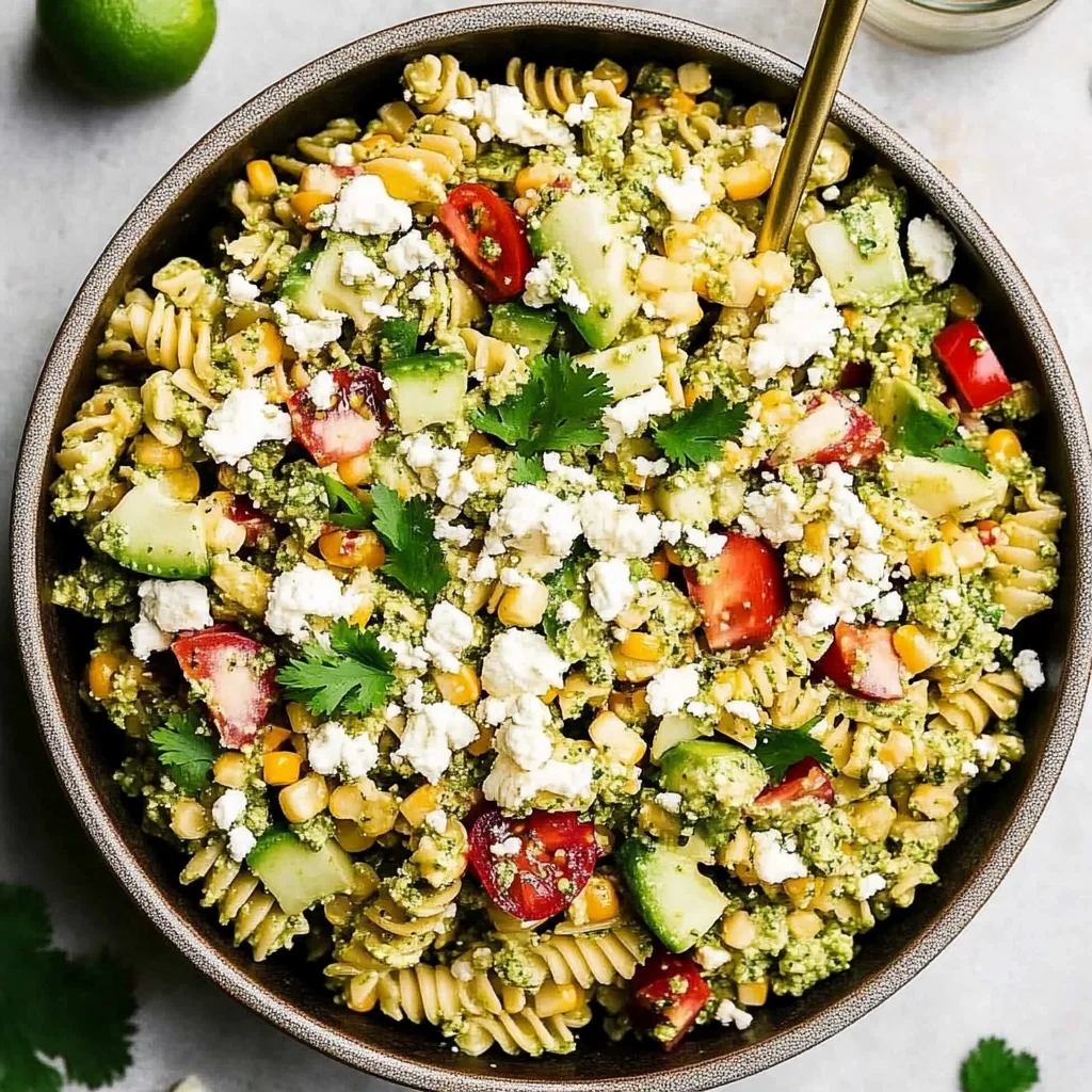 Street Corn Pasta Salad with Cilantro Pesto & Goat Cheese