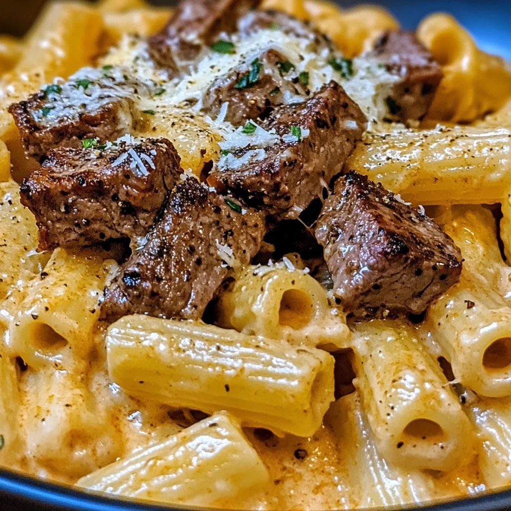 Cajun Steak Tips in Cheesy Rigatoni Parmesan Sauce