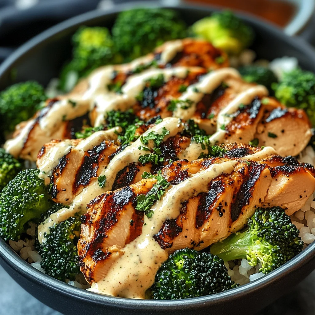 Grilled Chicken & Broccoli Bowls with Creamy Garlic Sauce