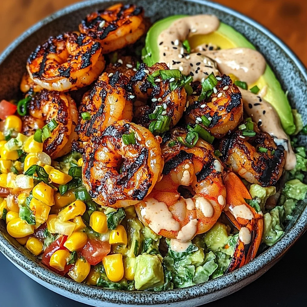 Grilled Shrimp Bowl with Avocado, Corn Salsa & Creamy Garlic Sauce