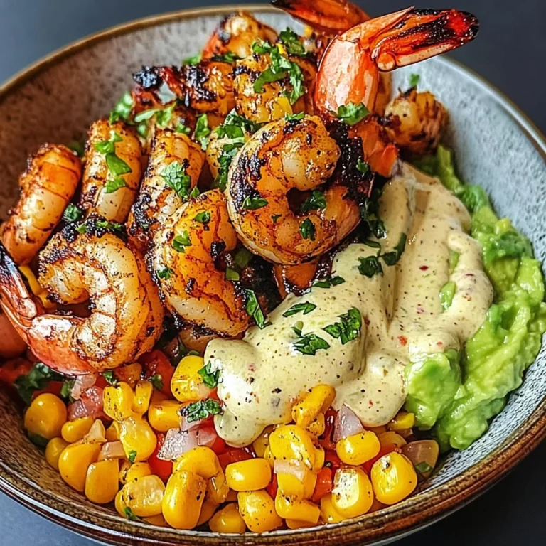 Grilled Shrimp Bowl with Avocado, Corn Salsa & Creamy Sauce