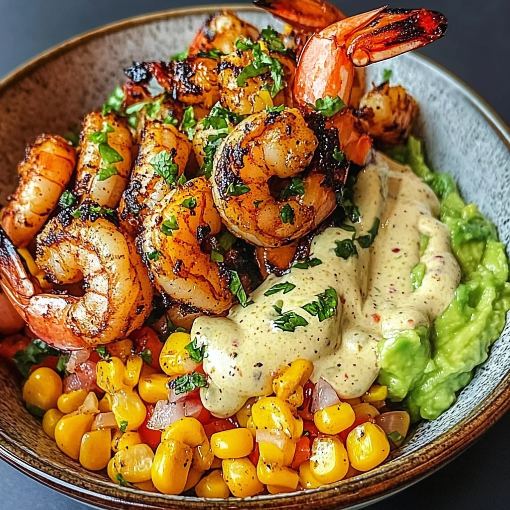 Grilled Shrimp Bowl with Avocado, Corn Salsa & Creamy Sauce