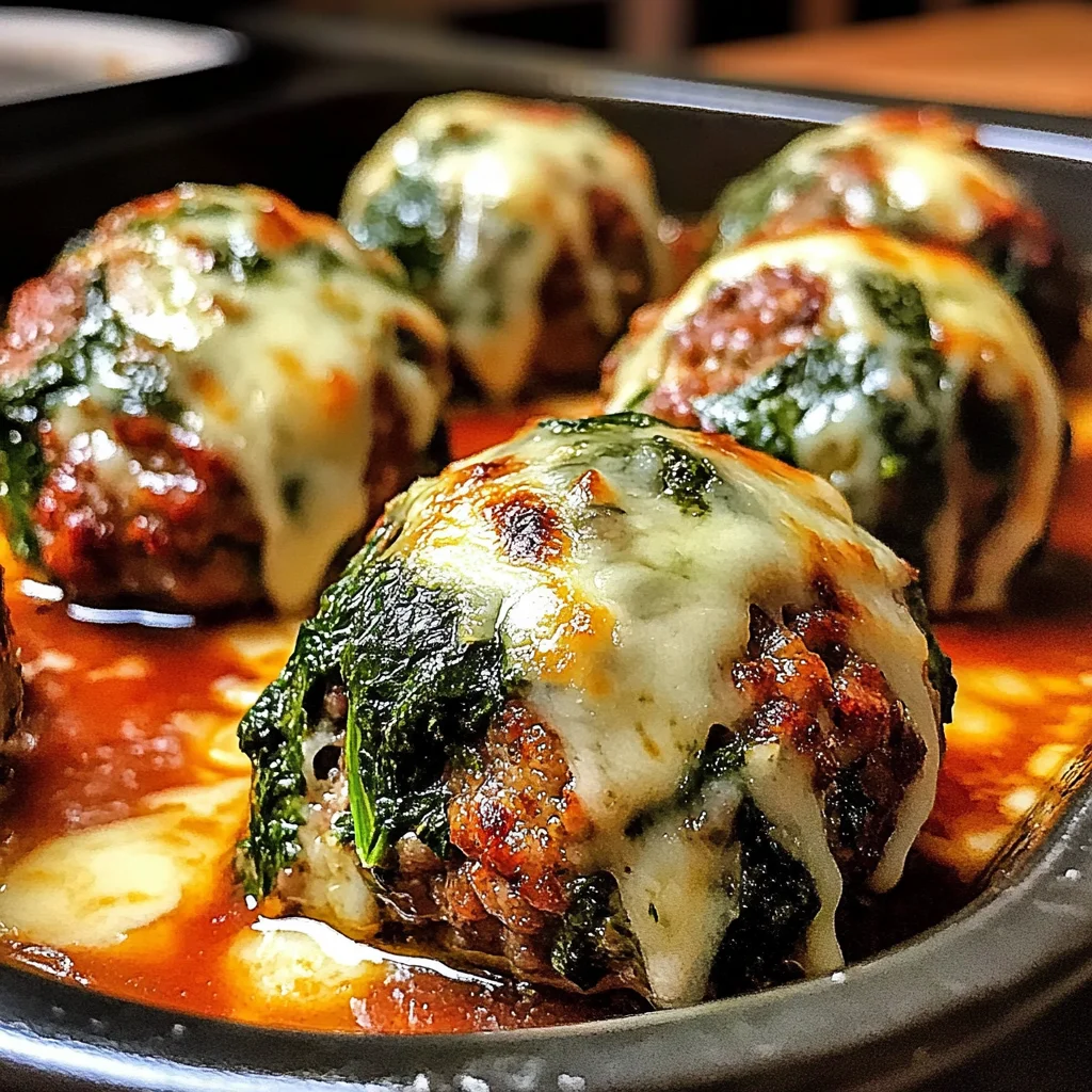 Spinach Garlic Meatballs Stuffed with Mozzarella