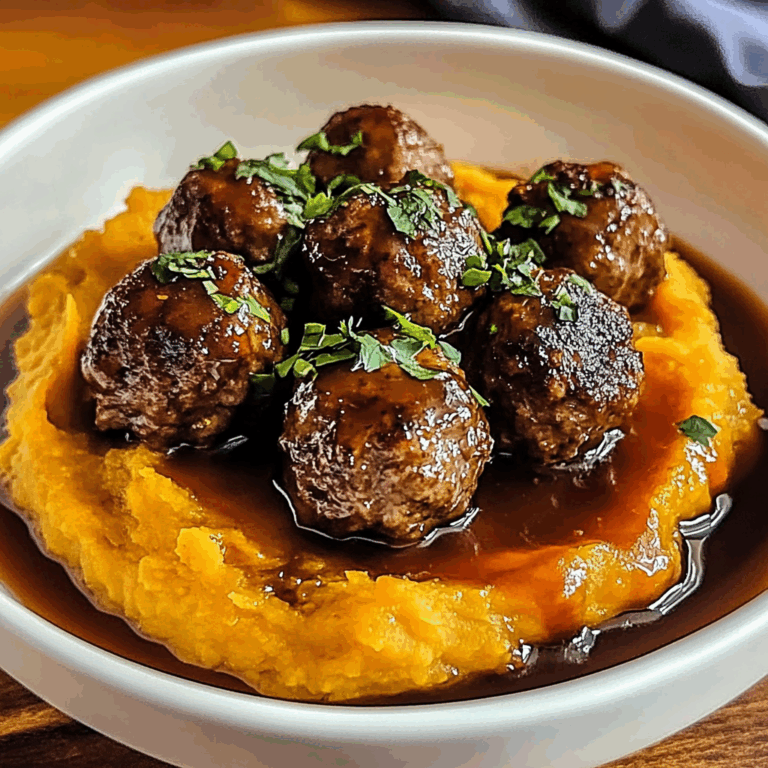 Enjoy Irresistible beef Meatballs with Sweet Potato Mash & Bourbon-Maple Sauce